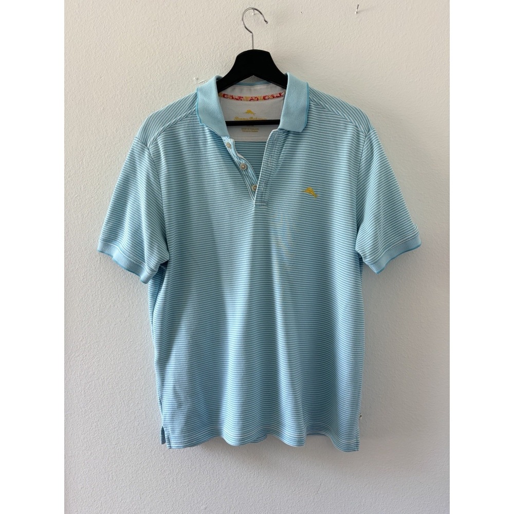 Tommy Bahama Polo Shirt Men Medium Blue White Striped Short Sleeve Marlin Logo